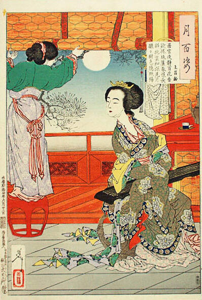 One Hundred Aspects of the Moon: Chinese Beauty holding a Stringed Instrument