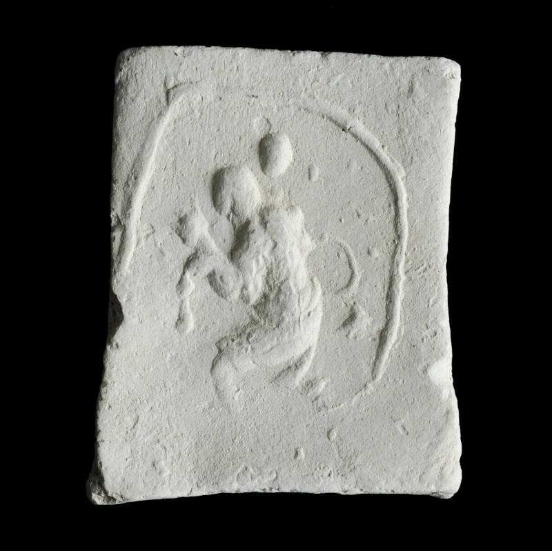 Sacred clay tablet with image of St. Christopher carrying infant Jesus on his shoulder across a shallow river