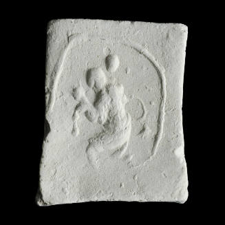 Sacred clay tablet with image of St. Christopher carrying infant Jesus on his shoulder across a shallow river