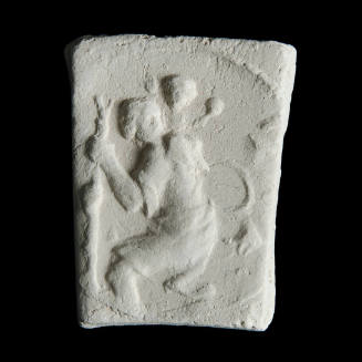 Sacred clay tablet with image showing St. Christopher wading across a river carrying infant Jesus