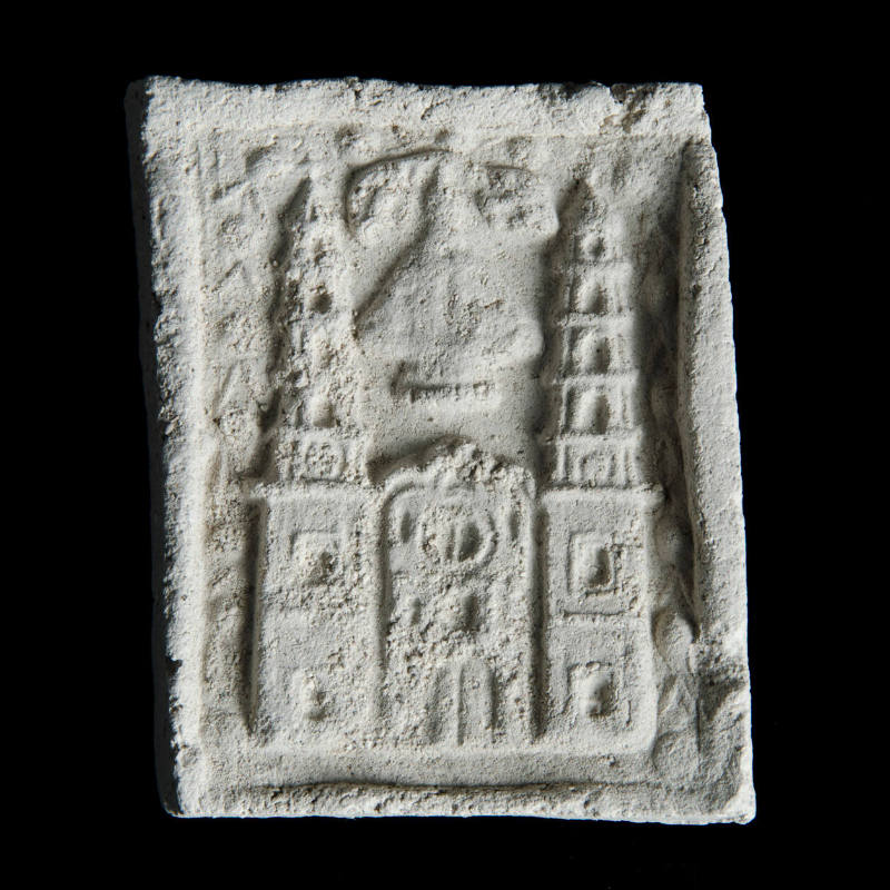 Sacred clay tablet with cathedral with Virgin and pair of cherubs