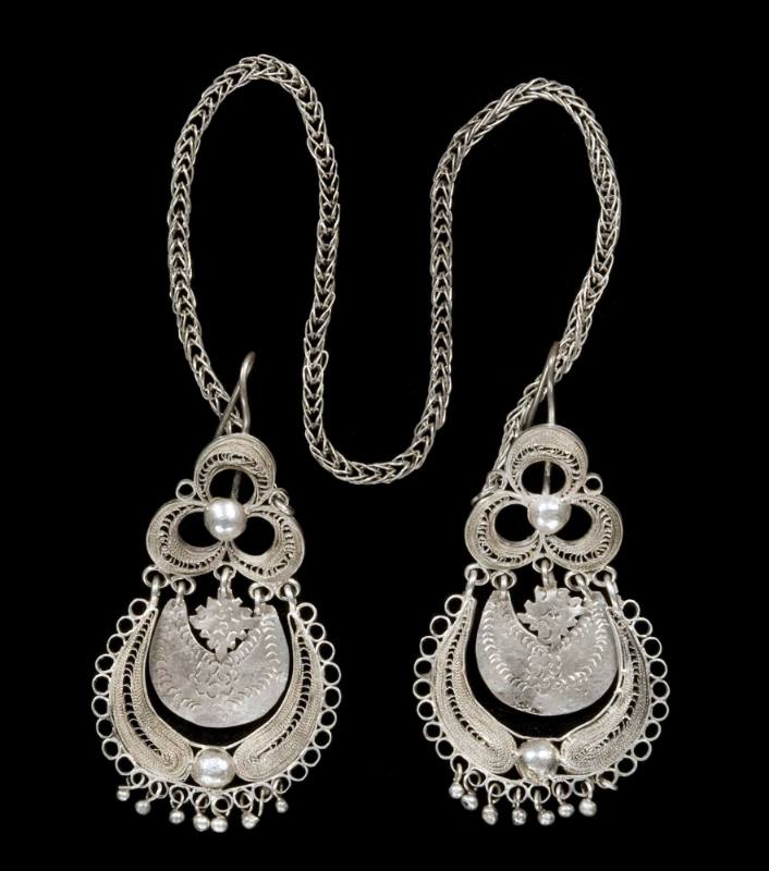 Earrings, crescent filigree with chain