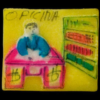 Painted tablet votive offering with man at desk, reading Oficina