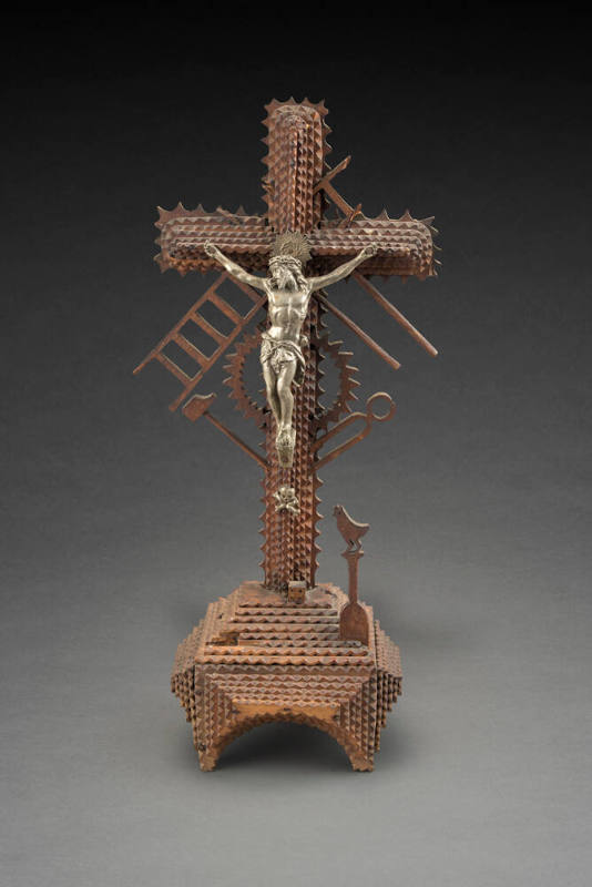 Tramp art crucifix with symbols of the passion