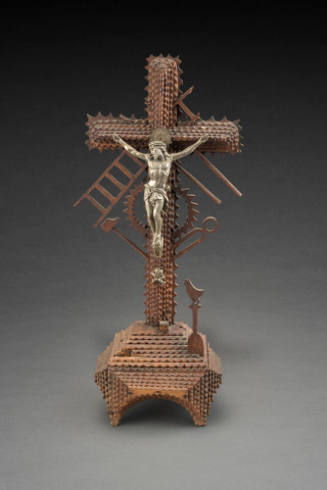 Tramp art crucifix with symbols of the passion