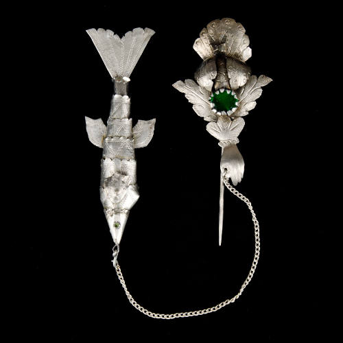 Brooch, peacock, hand, and articulated fish pendant