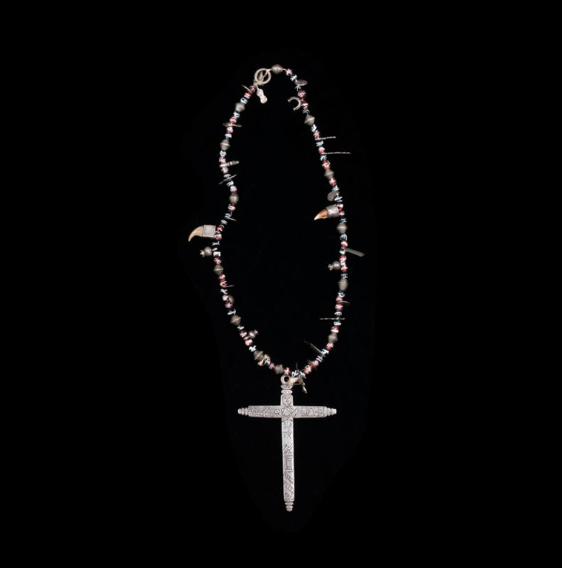 Necklace with incised silver cross and glass trade beads