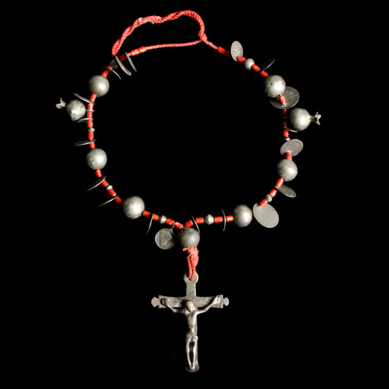 Necklace with crucifix, red glass beads, coins, silver balls and pomegranate