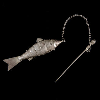 Pin, stick pin with articulated fish pendant