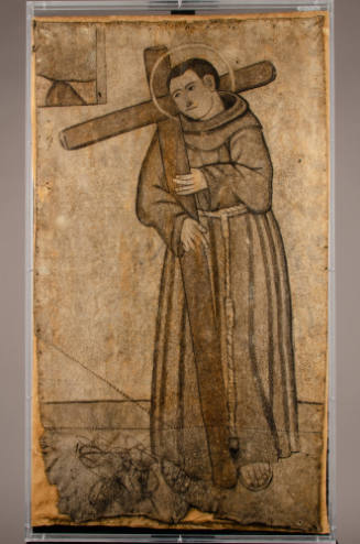 Hide painting of Franciscan saint with cross