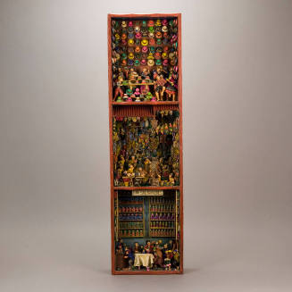 Retablo with scenes of Peruvian hat shop, curandera shop and local tavern.