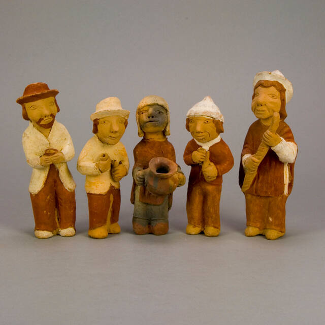 Figural whistles, men holding food and drink