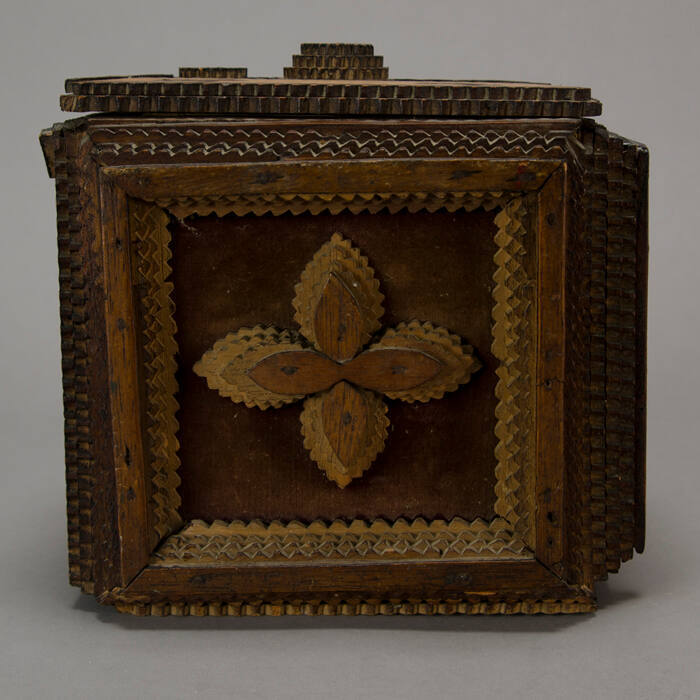 Tramp art box with velvet and quatrefoils