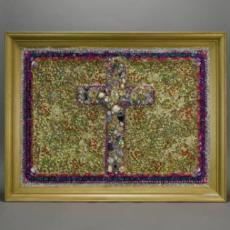 Framed cross of glitter, beads and buttons