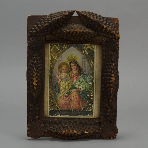 Tramp art frame with "A Happy Easter" postcard
