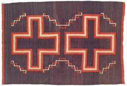 Wool, woven Navajo blanket, Hubbell style, two large crosses; colors are black, gray, red, whit…