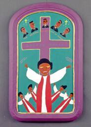 Folk art painting in bright purple, turquoise, red and whited features five robed gospel singer…