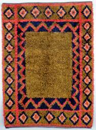 Bed rug, rya. Central green rectangle surrounded by, first, a red zig-zag border, a red stripe,…