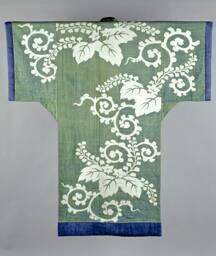 Green Yogi with vine pattern; a cotton and silk bed cover made in the shape of a kimono.  