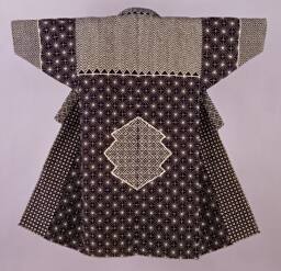 Robe, Kimono, White designs, embroidered (Sashiko style) onto black cotton.