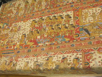 Painting depicting village and ritual life in Bali, including temple offerings and a Barong dance