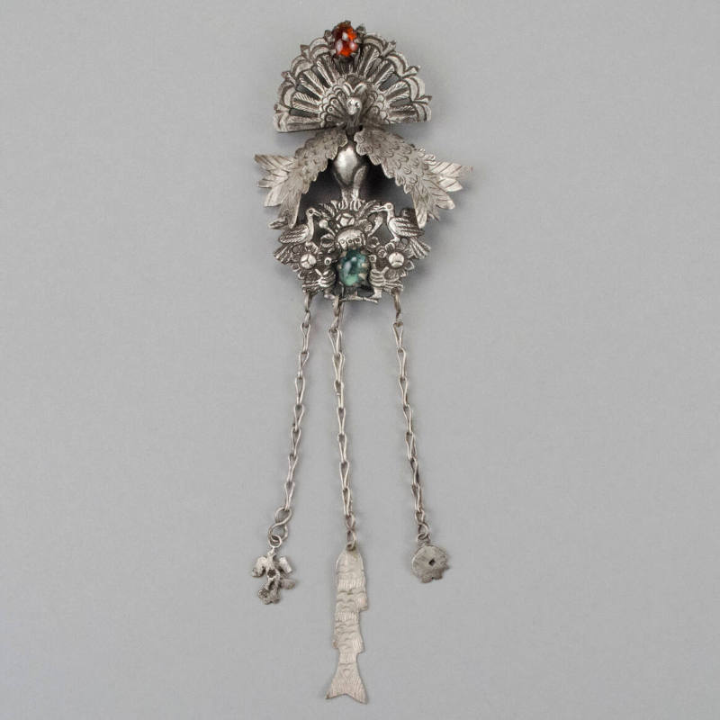 Pin, peacock or turkey with pendant chains