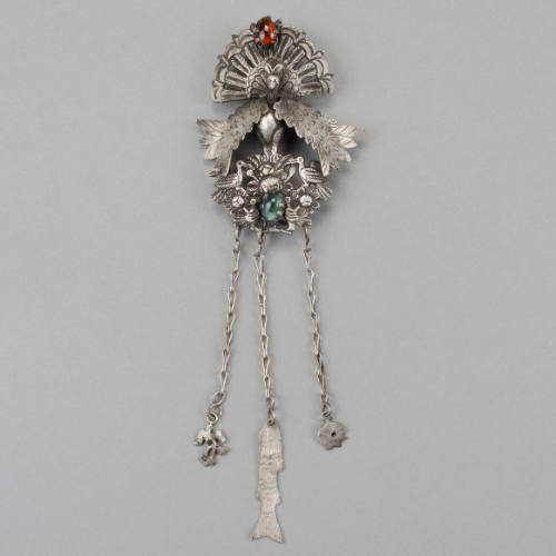 Pin, peacock or turkey with pendant chains