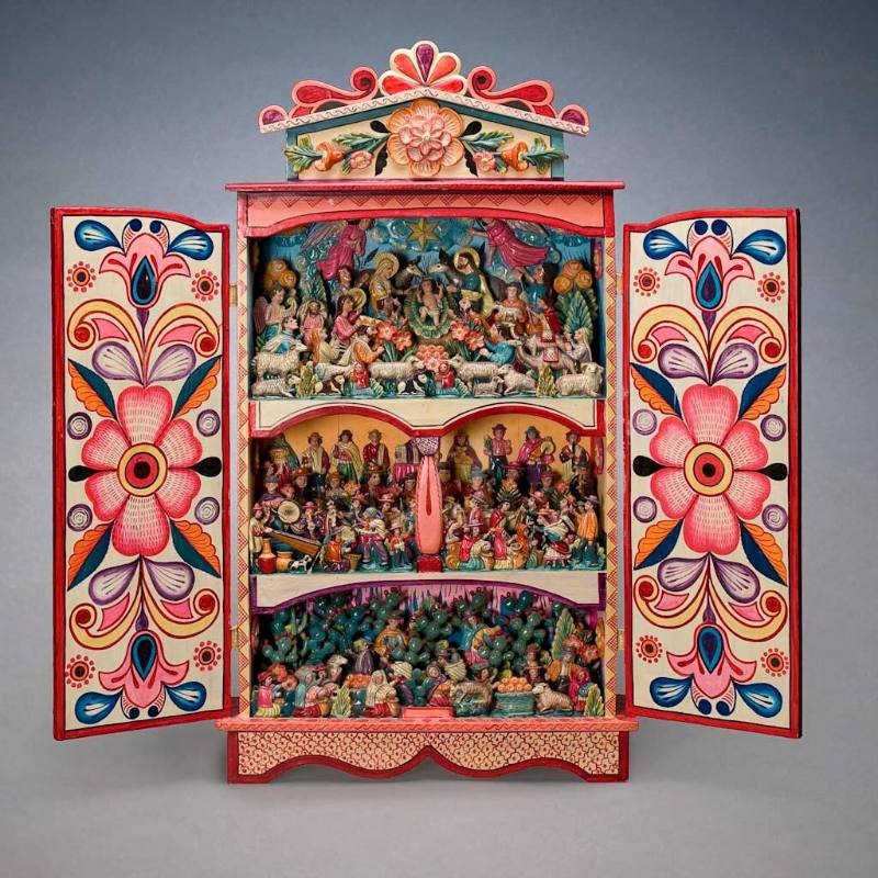 Retablo with Nativity, Fiesta and Nopale Picking Scenes