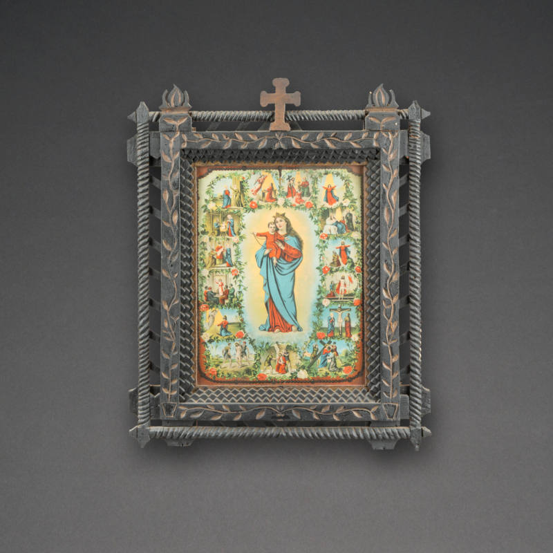 Tramp art frame with print of Virgin of the Rosary