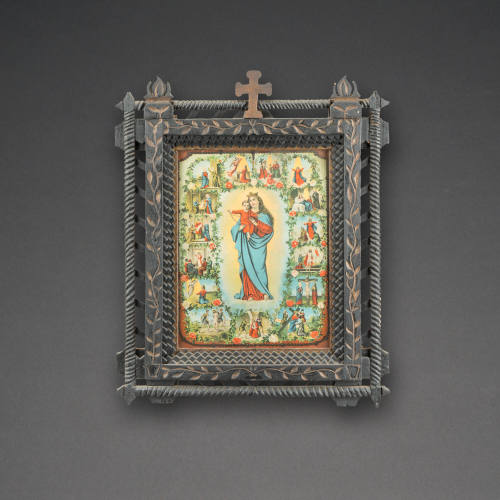 Tramp art frame with print of Virgin of the Rosary