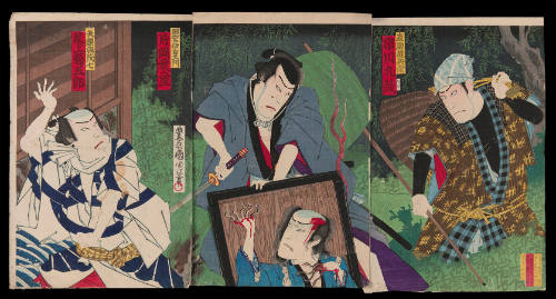 "The Actors Ichikawa Kuzō III as Naosuke Gonbei Kataoka Gadō III as Tamiya Iemon, Onoe Kikugorō V as Yagashira Yomoshichi and Onoe Kikugorō V as Oiwa and Kobotoke Kōhei in the tale The Tōkaidō Yotsuya Kaidan (Tōkaidō Yotsuya ghost story)”