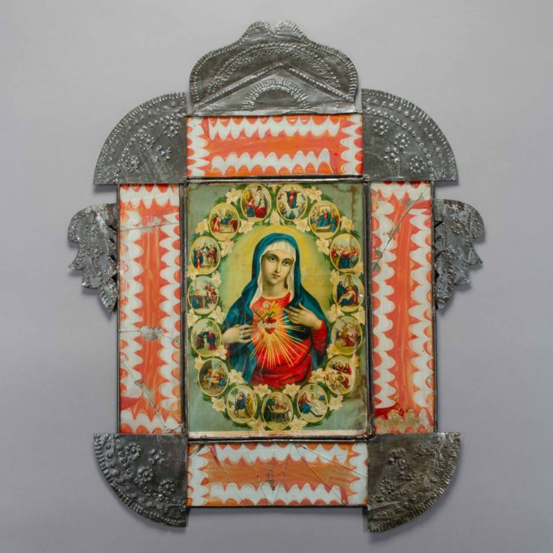 Marco or Tinwork frame with devotional print of the Life of the Virgin Mary
