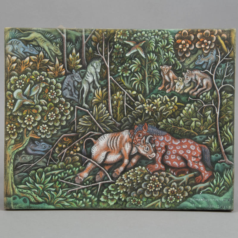 Colorful forest with a spotted red lion killing a cow, while other animals look on.