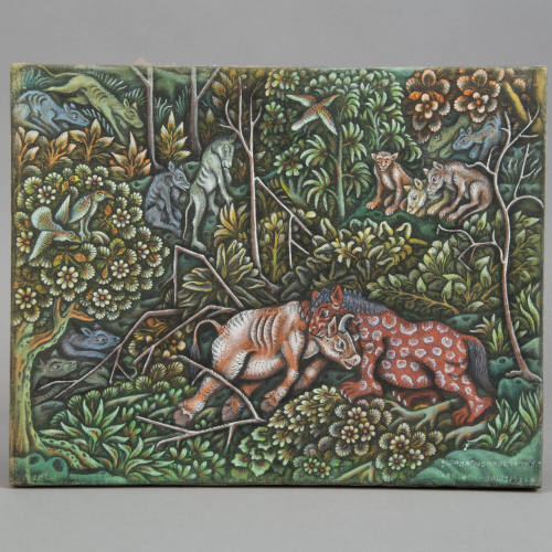 Colorful forest with a spotted red lion killing a cow, while other animals look on.