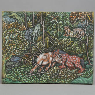 Colorful forest with a spotted red lion killing a cow, while other animals look on.