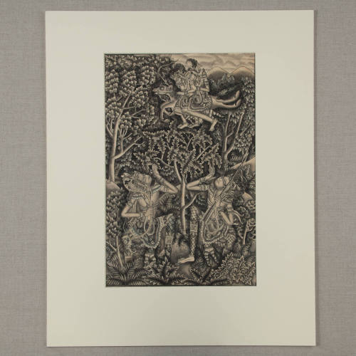 Probably Rama and Lakshmana riding on their flying horse seeking Sita in the forest.