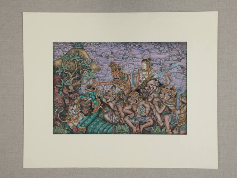 Scene from the Ramayana: Hanuman captured and wrapped in a Naga while the demon king Rawana and attendants look on.