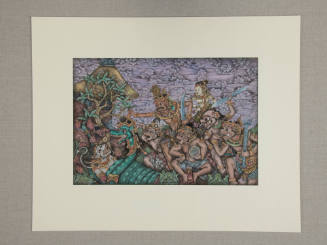 Scene from the Ramayana: Hanuman captured and wrapped in a Naga while the demon king Rawana and attendants look on.