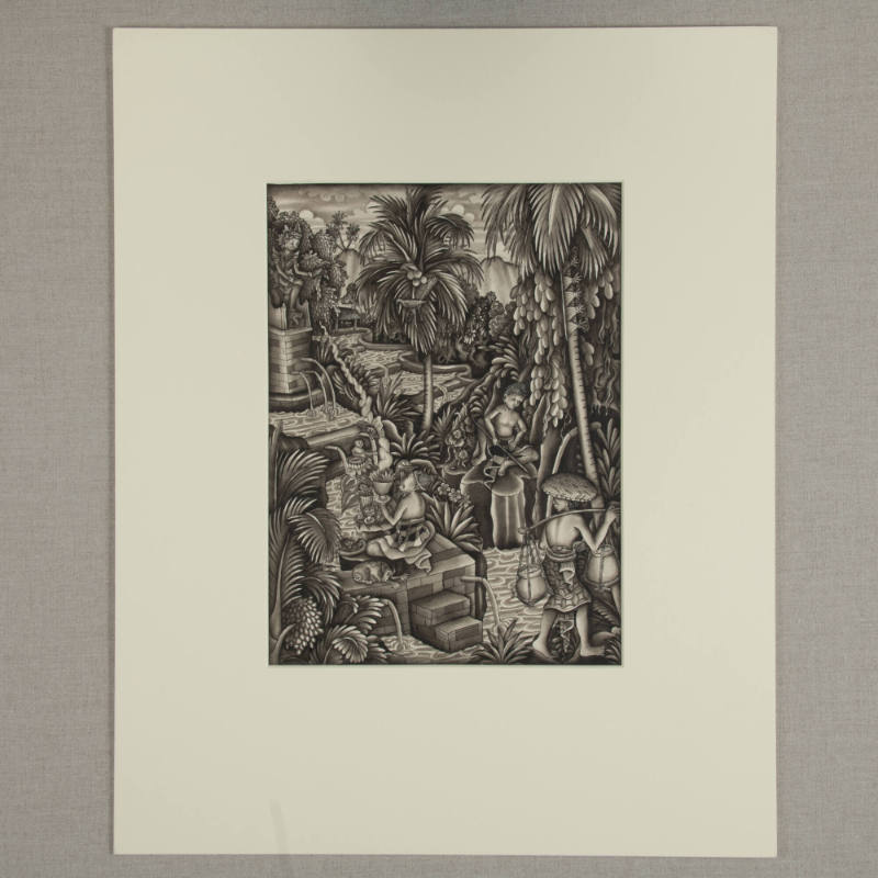 Water on a hillside with a man fishing, a man carrying jars, and another praying at a water temple.