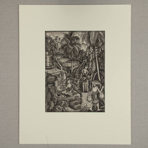 Water on a hillside with a man fishing, a man carrying jars, and another praying at a water temple.