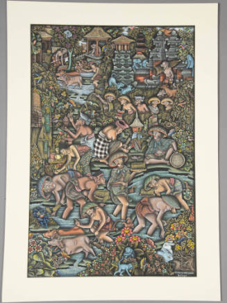 Busy landscape with people engaged in numerous activities, primarily planting rice.