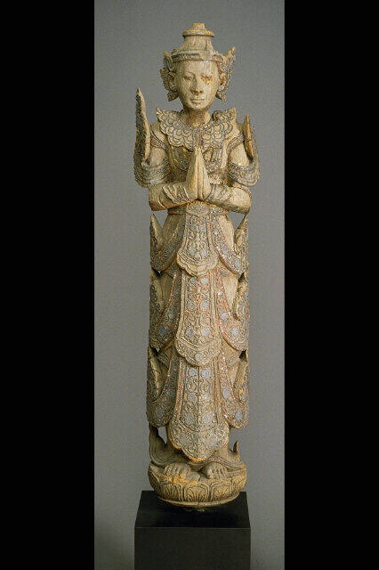 One in Pair of Buddhist Temple Guardians or Deva (angels) in postures of worship