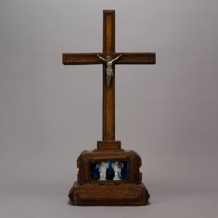 Tramp art crucifix with porcelain figures