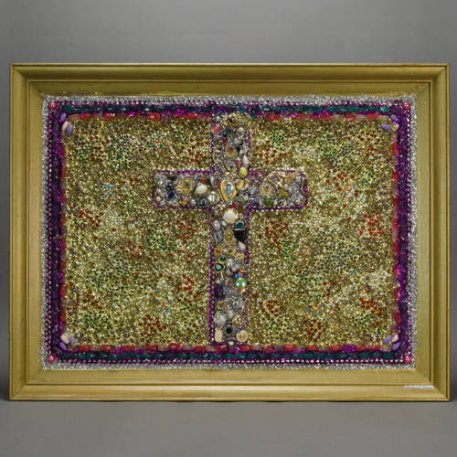 Framed cross of glitter, beads and buttons