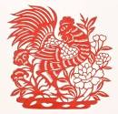 Rooster.  Northern China.  Cut paper, 4 1/4 x 4", c. 1960.  Like the sun, the rooster is an emb…