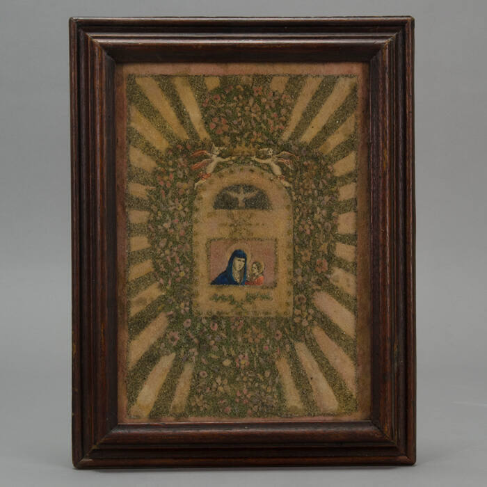 Framed fabric piece, Virgin & Child (actually a sand painting)